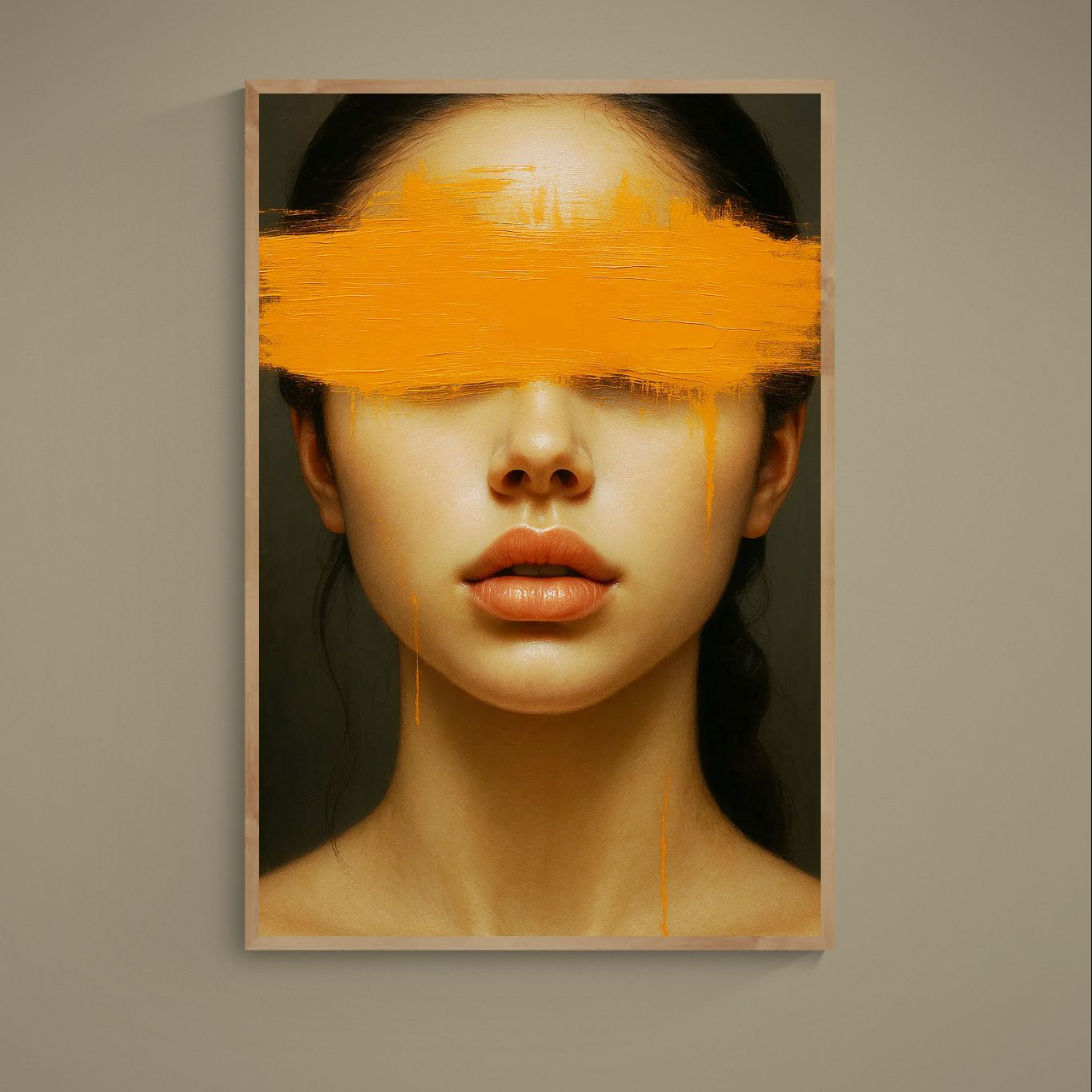 Photorealistic female portrait with orange paint stroke across the eyes on a dark matte poster