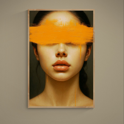Photorealistic female portrait with orange paint stroke across the eyes on a dark matte poster