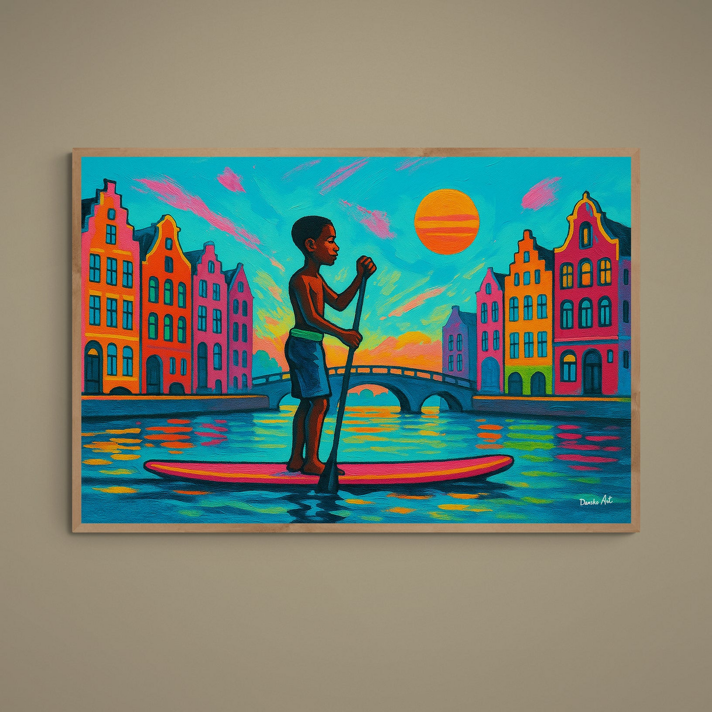 Vibrant Amsterdam canal poster with paddleboarder, arched bridge, gabled houses and sunset colors