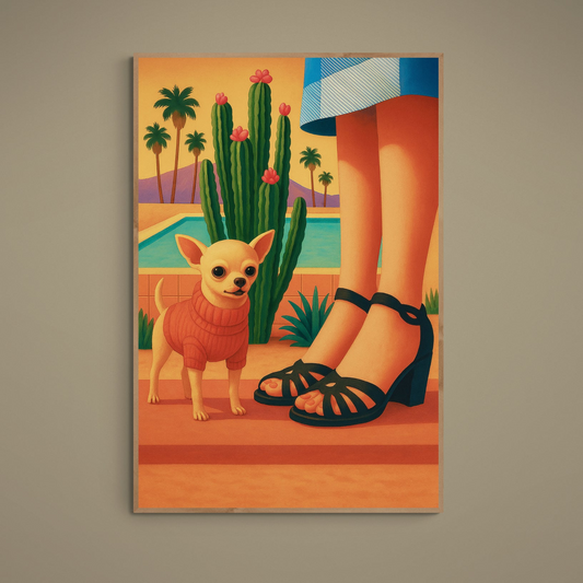 Sweater-wearing chihuahua by a turquoise pool with cacti, palms, and retro desert colors