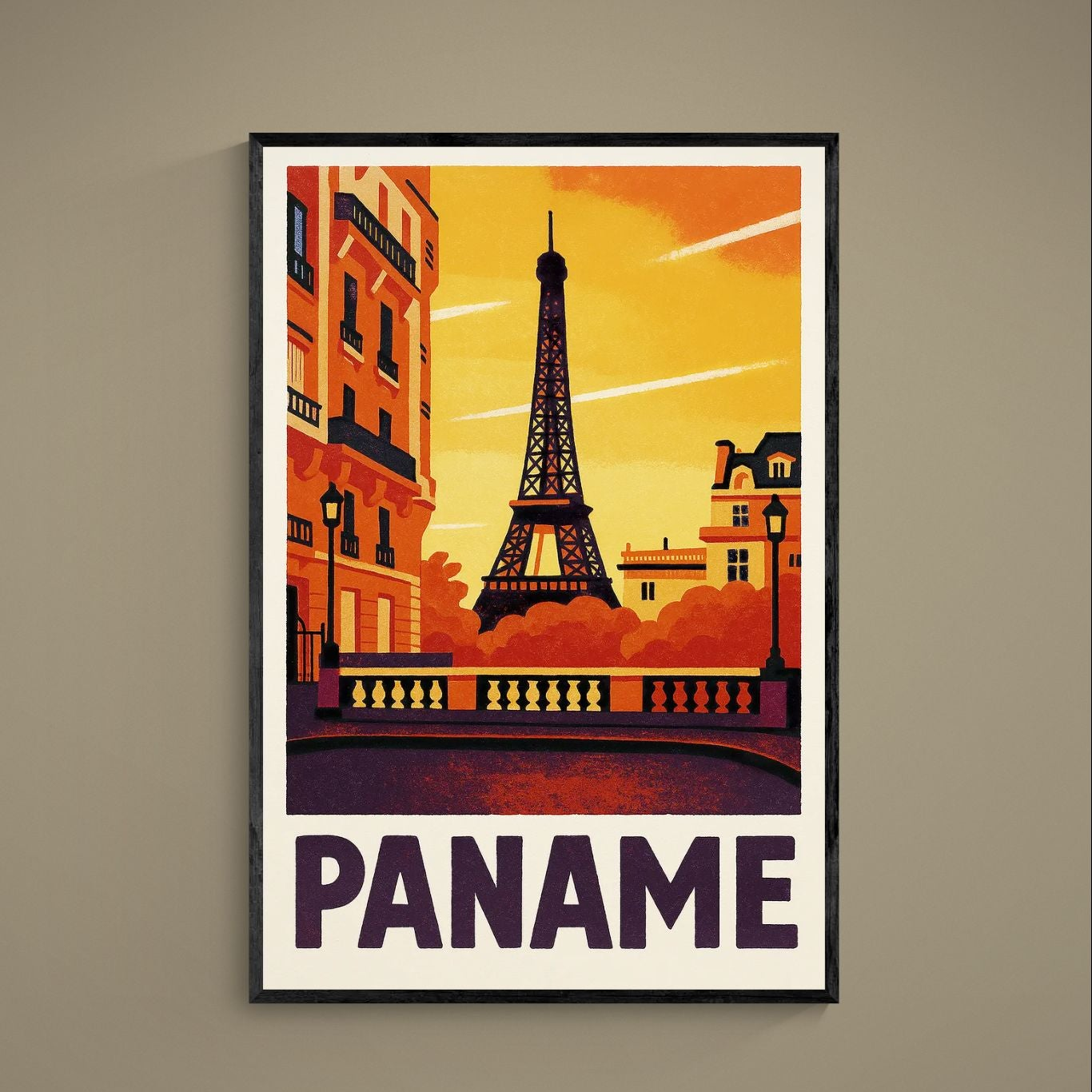 Vintage Paname Paris poster with Eiffel Tower silhouette, sunset sky, buildings, and bold typography