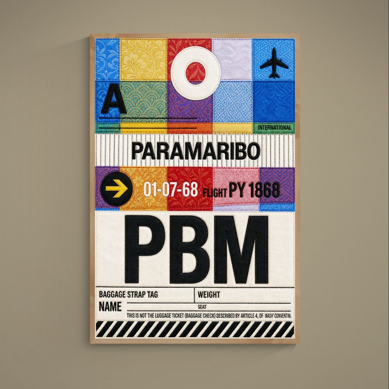 Suriname Paramaribo PBM airport-code luggage-tag poster, quilted patchwork design on matte paper, museum-quality print