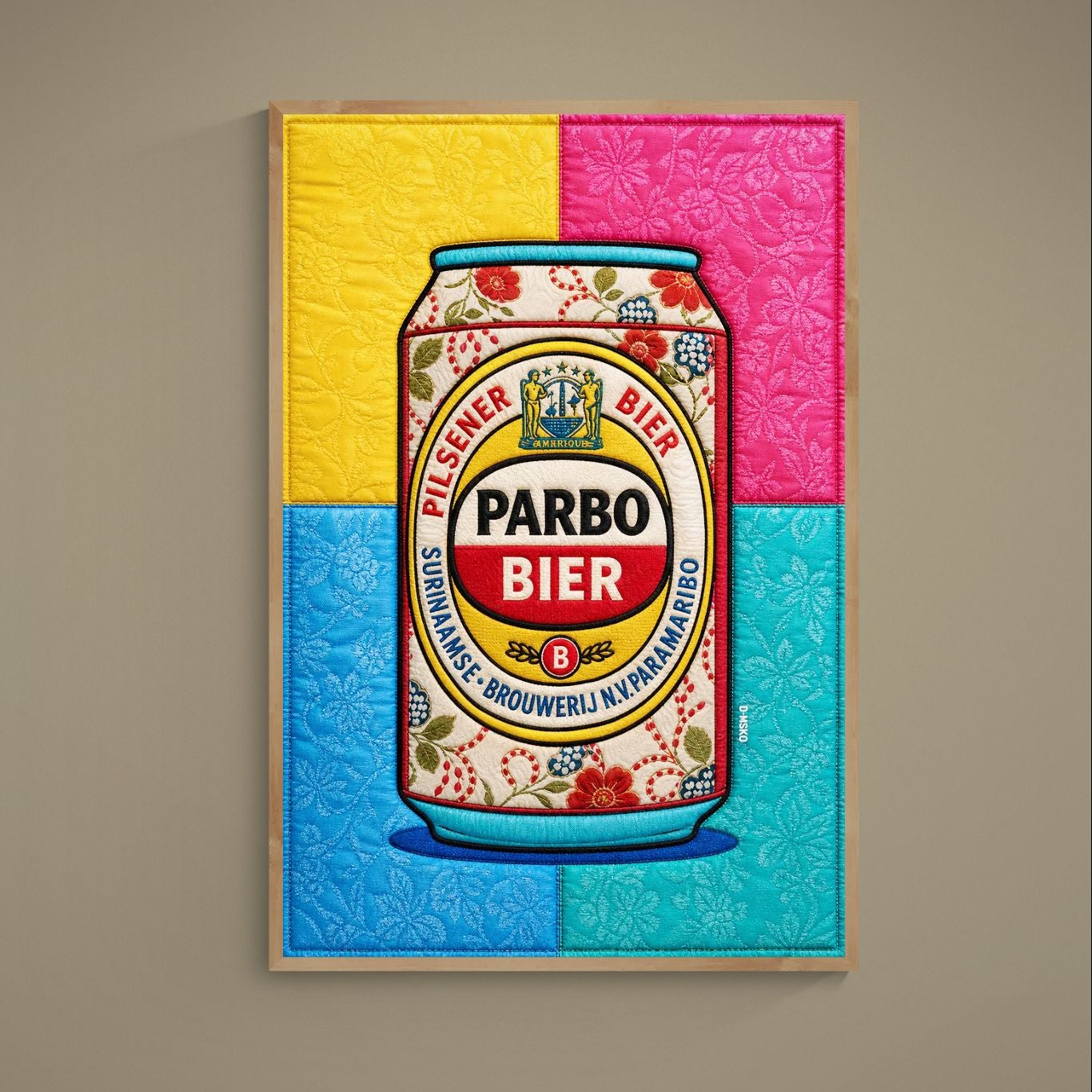 Parbo poster with Paramaribo Pilsner can in Caribbean quilt-inspired pop art on matte paper