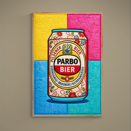 Parbo poster with Paramaribo Pilsner can in Caribbean quilt-inspired pop art on matte paper