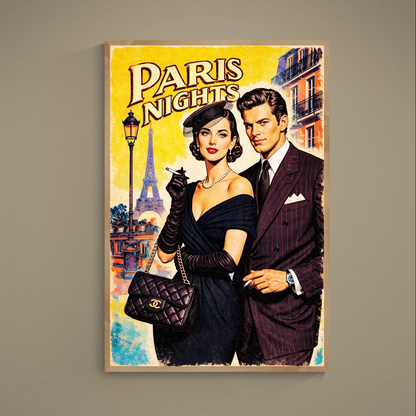 Retro Paris Nights poster with elegant couple, Eiffel Tower, streetlamp and yellow distressed background