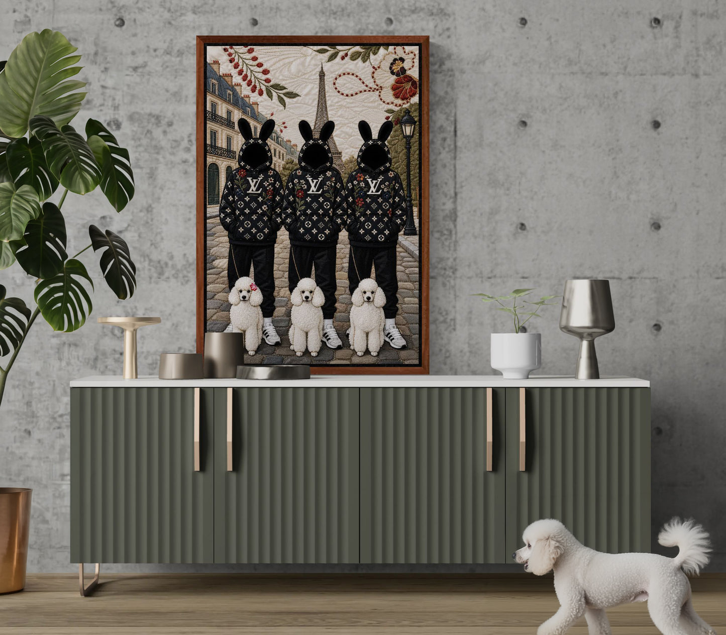 Framed Canvas, Paris Bunny Poodle Crew Quilt-Inspired - Pop Art Style