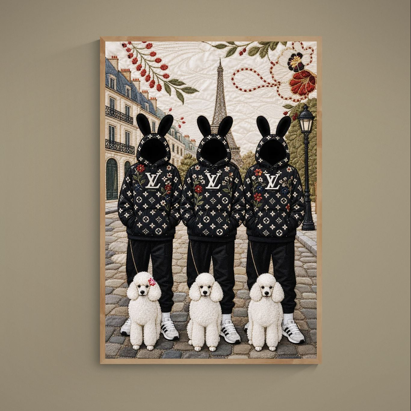Paris quilted pop poster featuring bunny-hooded figures, white poodles, and the Eiffel Tower on museum-quality matte paper