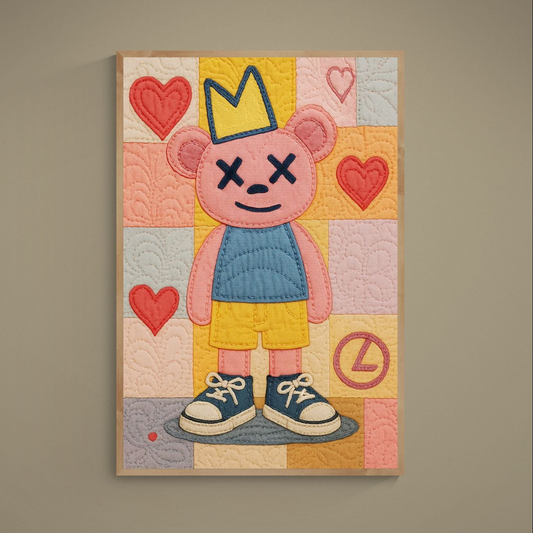 Crowned cartoon bear with X eyes on colorful patchwork quilt background with hearts
