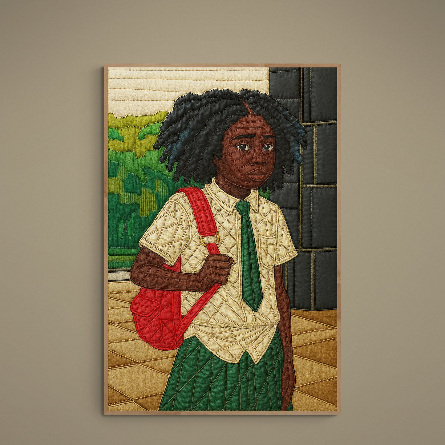 Quilt-inspired portrait poster of Black schoolchild with green tie and red backpack on patchwork background