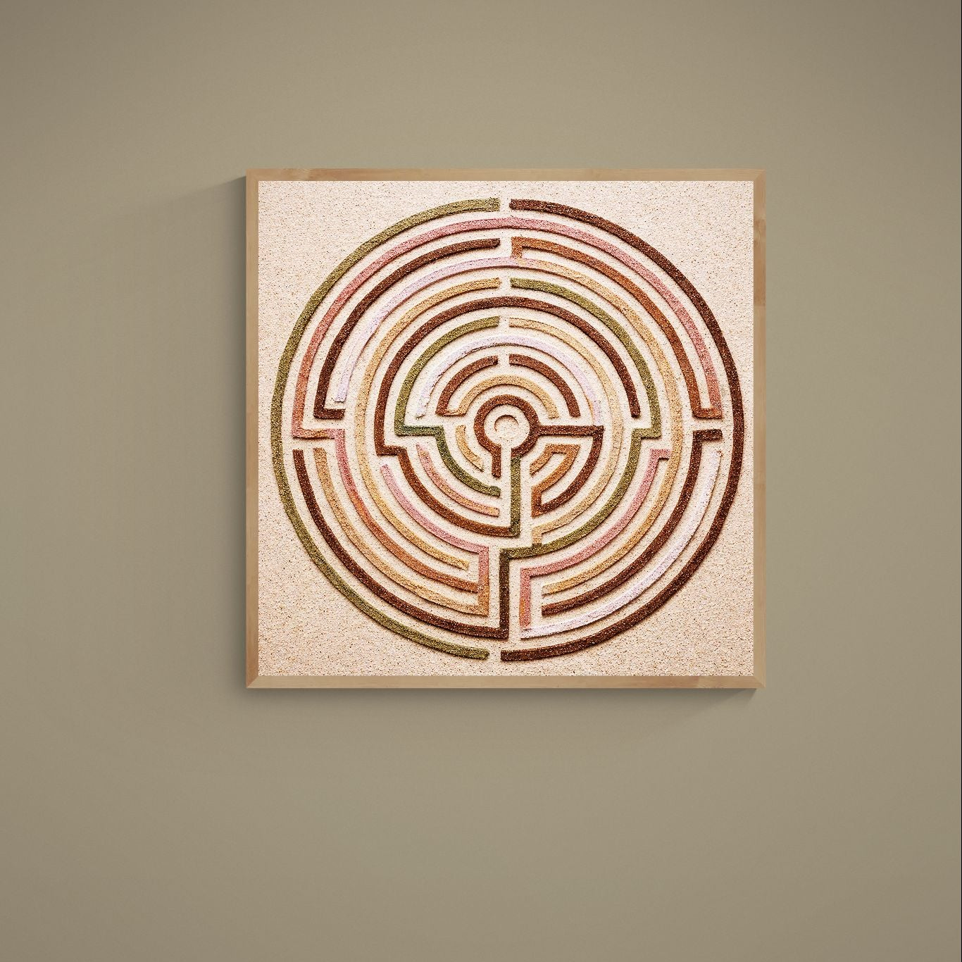 Square earth-tone abstract labyrinth poster with concentric textured rings in beige, brown, pink and green
