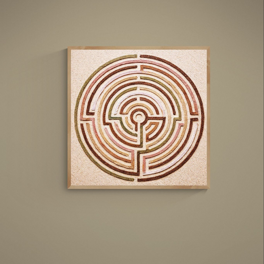 Square earth-tone abstract labyrinth poster with concentric textured rings in beige, brown, pink and green