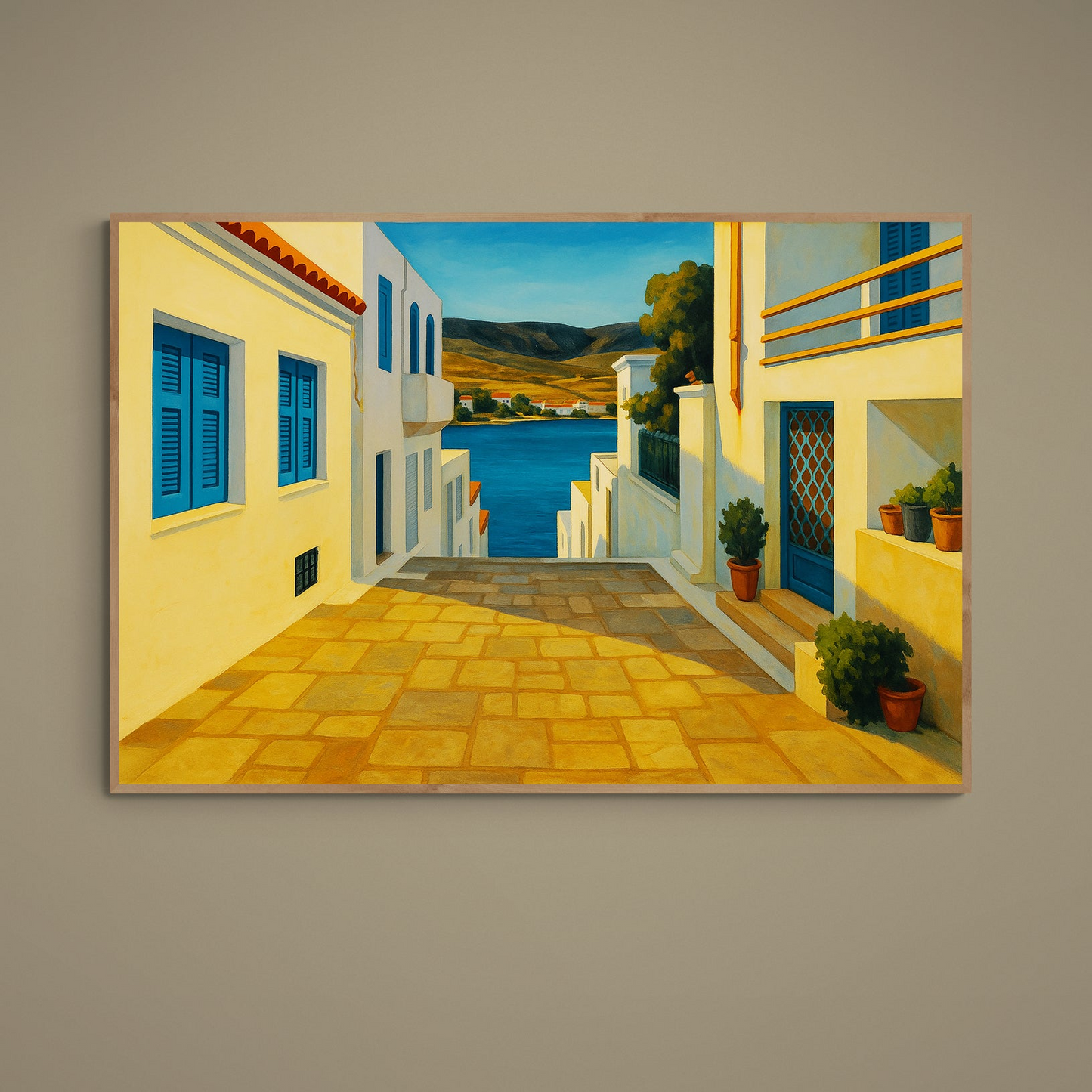 Whitewashed Mediterranean lane with blue shutters leading to sea and distant hills