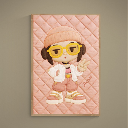 Stitched-look cartoon character with yellow glasses making peace sign on pink quilted poster