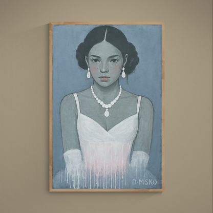Contemporary female portrait poster with pearl jewelry, blue-gray background, and pink drip detail
