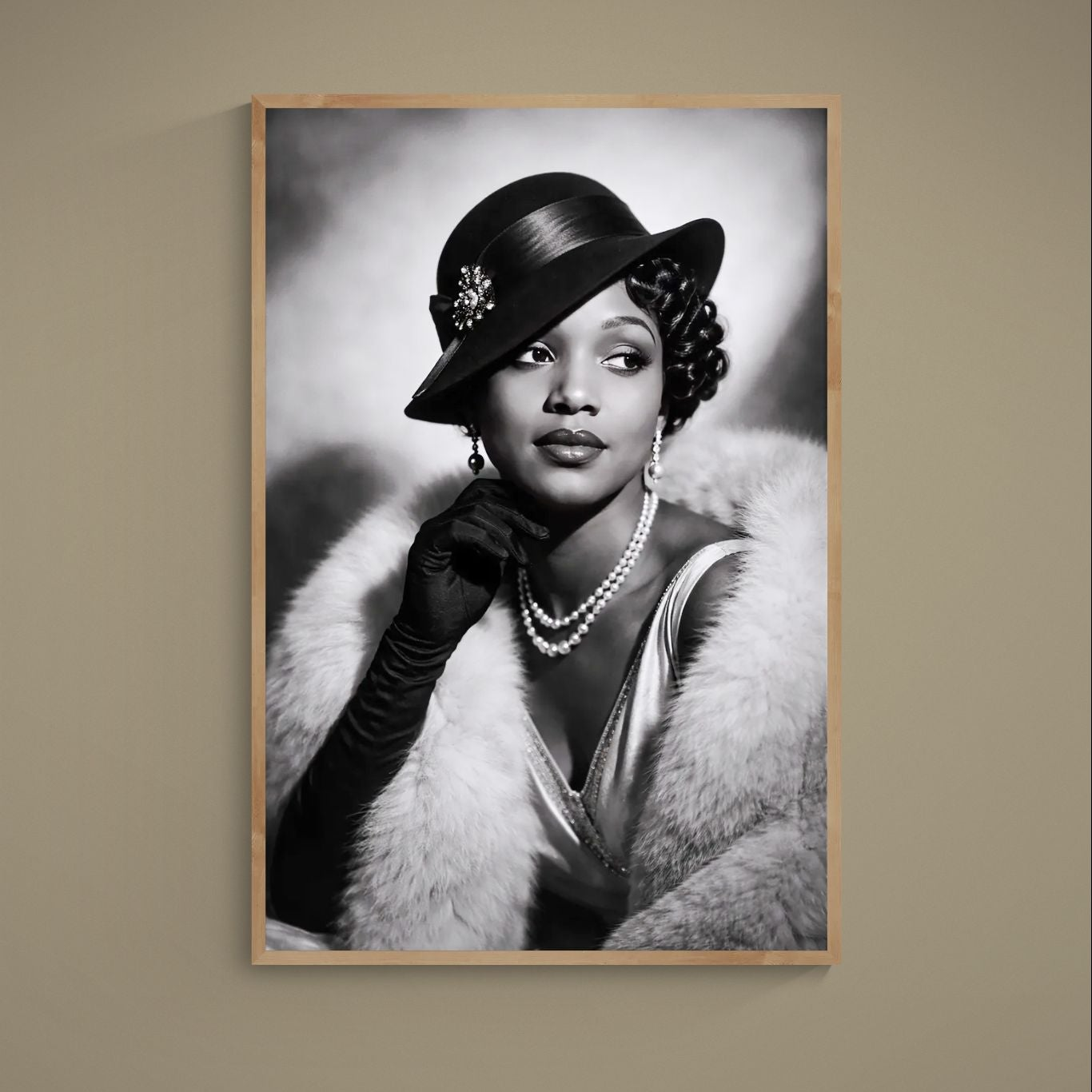 Black and white vintage glamour portrait with wide-brim hat, pearls, fur stole and gloves