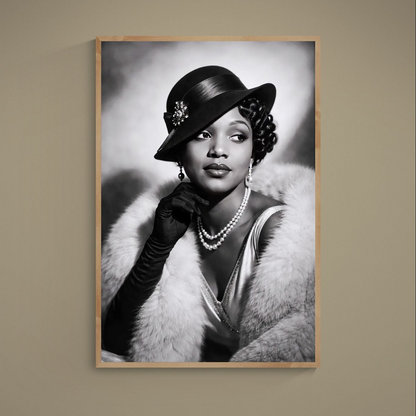 Black and white vintage glamour portrait with wide-brim hat, pearls, fur stole and gloves