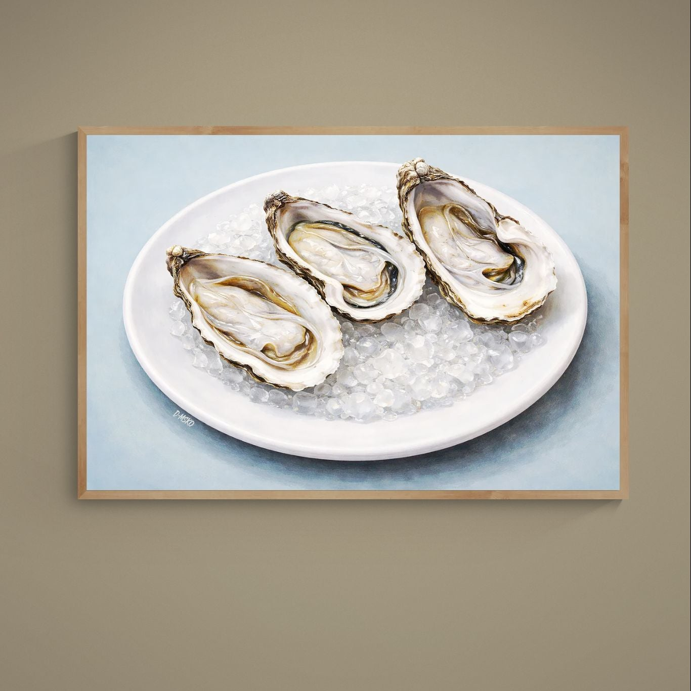 Photorealistic oyster still life poster with three oysters on ice in a white plate on pale blue
