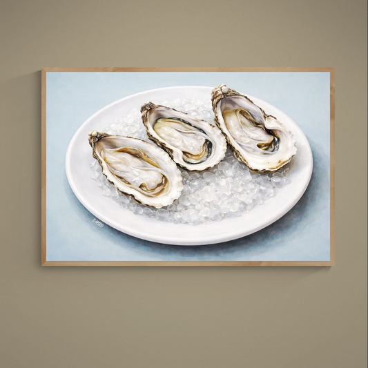Photorealistic oyster still life poster with three oysters on ice in a white plate on pale blue