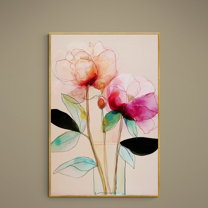 Watercolor pink peony poster with green-turquoise leaves on beige background