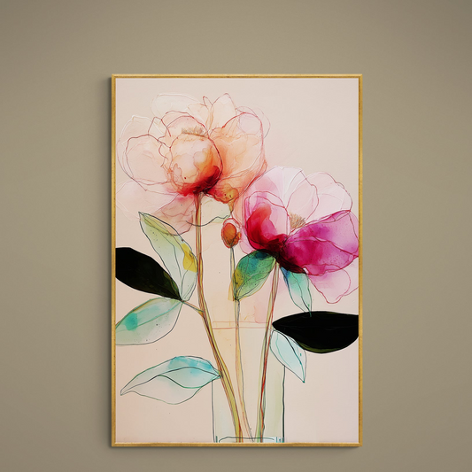 Watercolor pink peony poster with green-turquoise leaves on beige background