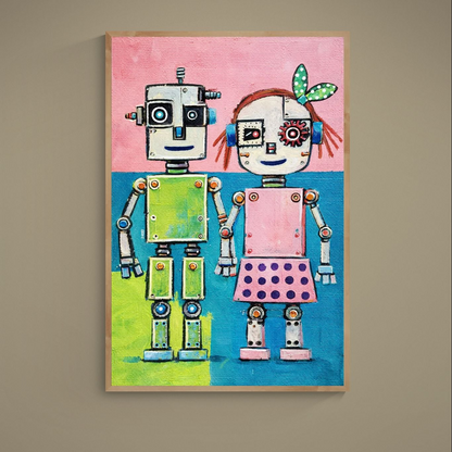 Naive Pop Art poster of green and pink retro robots on a colorful split background