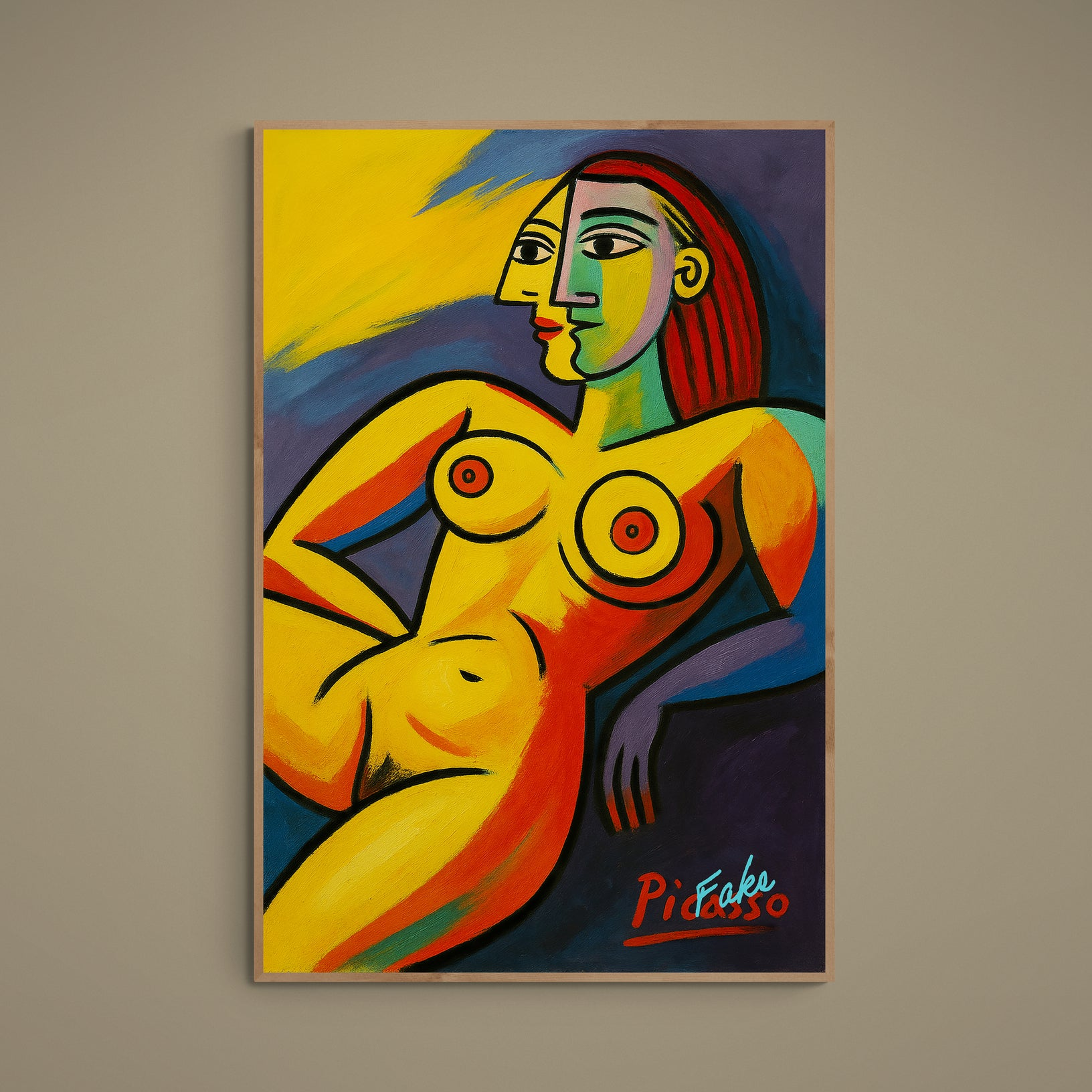 Cubist-inspired reclining nude poster with bold black outlines and multicolor geometric shapes