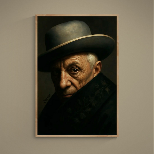 Chiaroscuro portrait print of a shadowed sitter in wide-brim hat on dark black and brown background