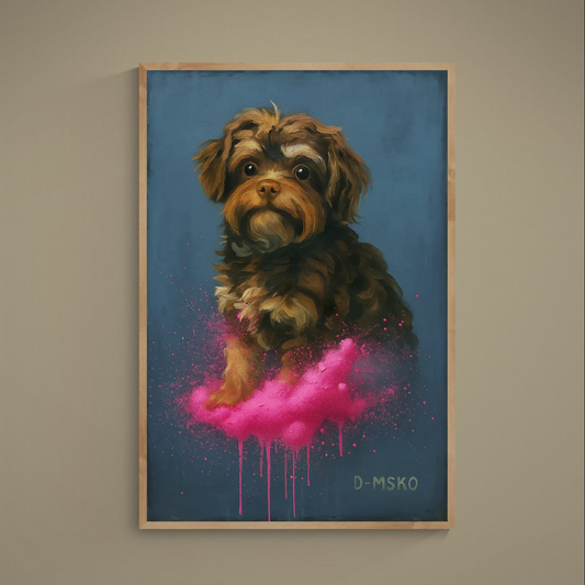 Realistic brown puppy portrait with pink powder splash on deep navy background, Damsko Art matte poster