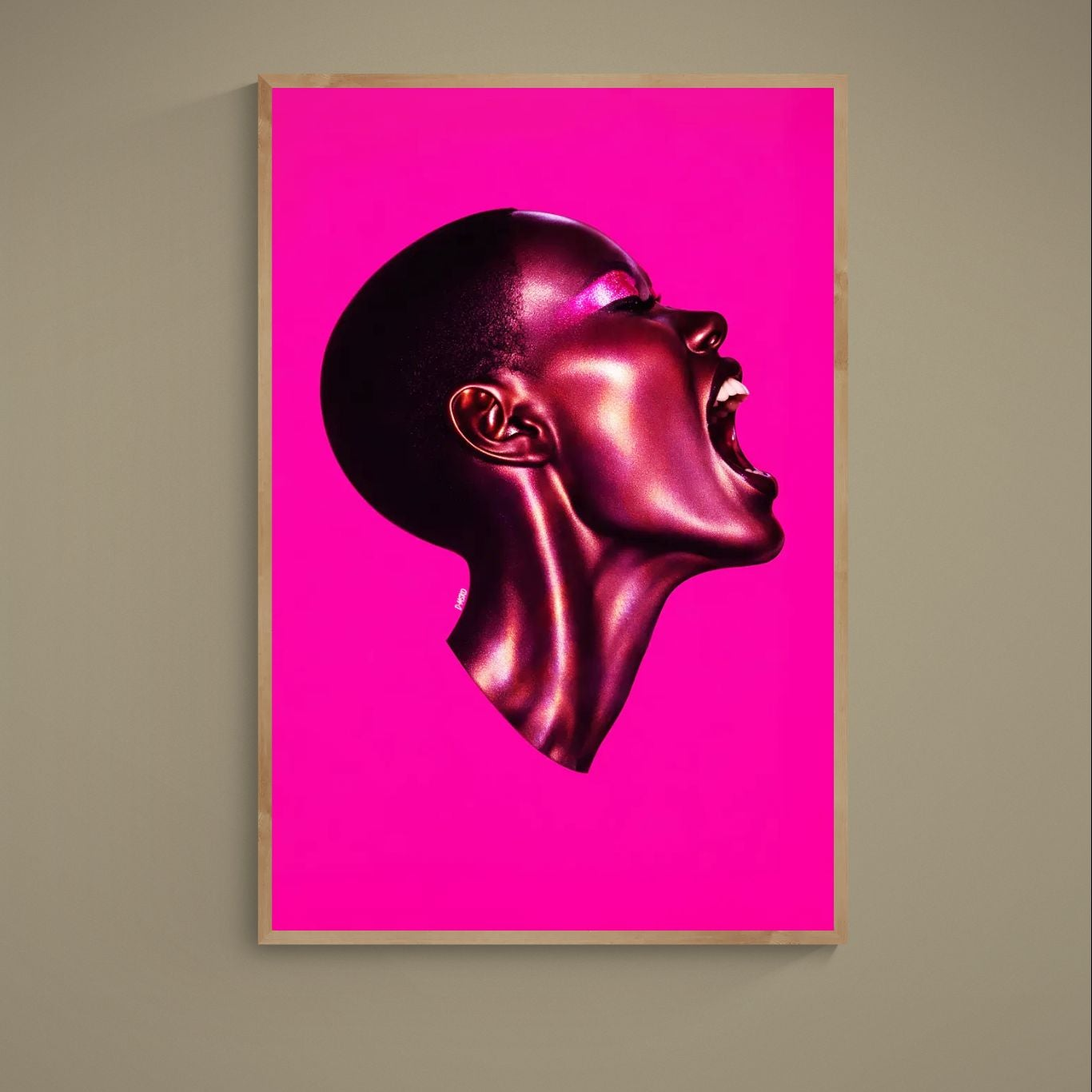 Pink Noise matte poster with close-cropped metallic profile portrait on vivid magenta background
