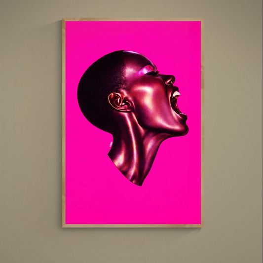 Pink Noise matte poster with close-cropped metallic profile portrait on vivid magenta background