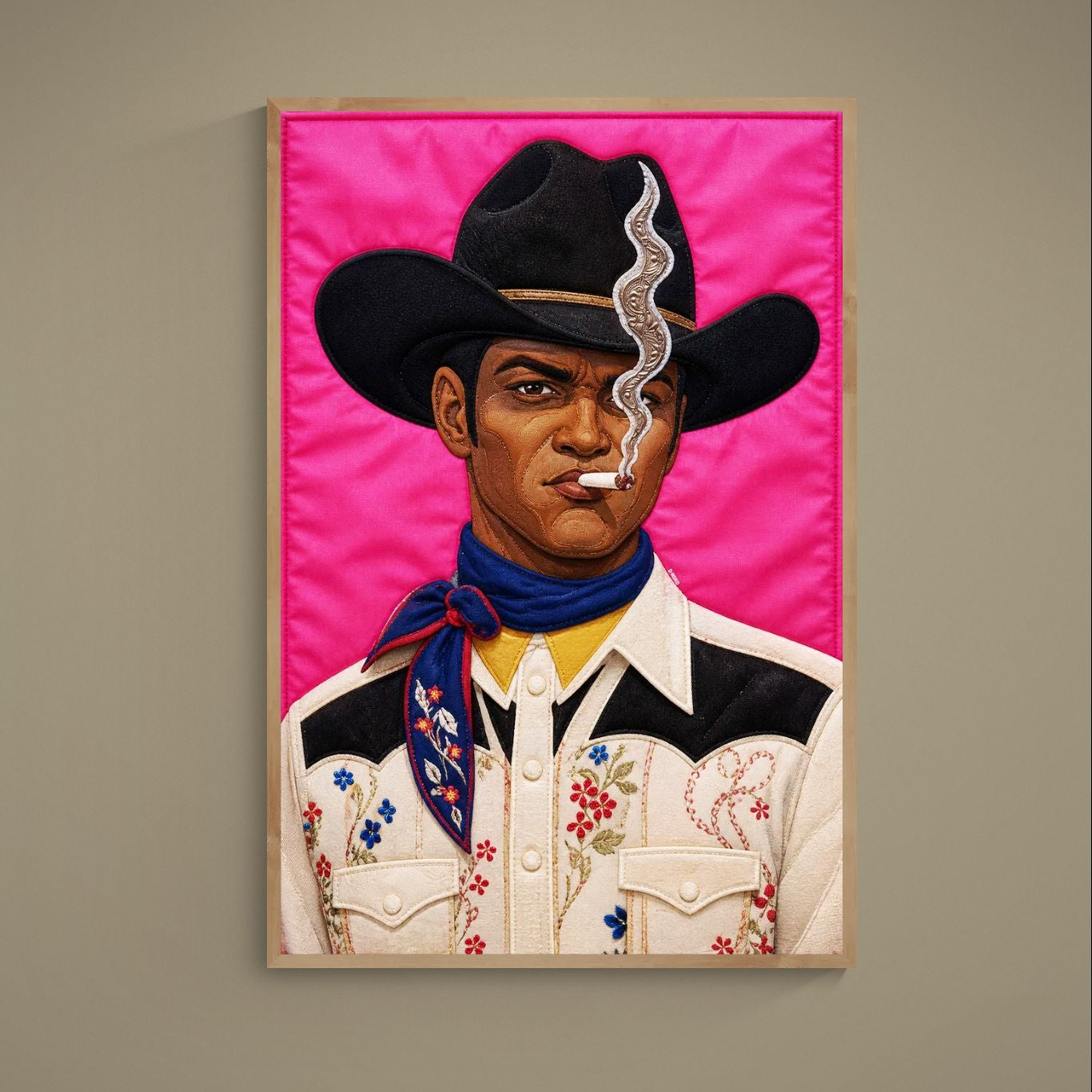 Black cowboy quilted print on pink matte poster; textile-inspired portrait with embroidered-look details, unframed.