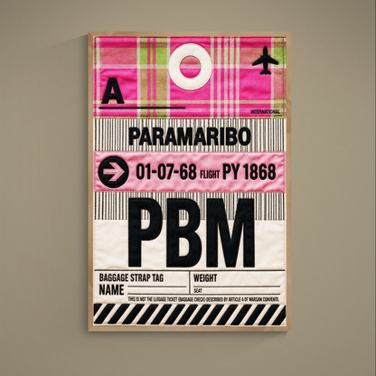 Gallery wall poster of Paramaribo PBM luggage tag in pink madras plaid with barcode stripes, quilt-inspired design