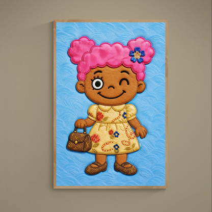 Kawaii fashion doll poster, pink pigtails and gold floral dress on blue, quilted appliqué look.