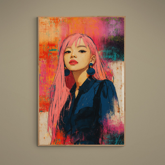 Pop art female portrait poster with pink hair, navy clothing, red lips and abstract multicolor background