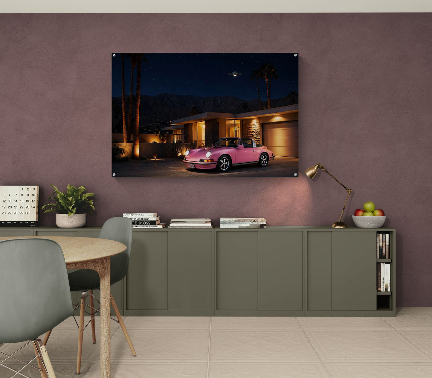 Pop Art retro-futurist acrylic wall art of pink vintage sports car at Palm Springs mid-century home under starry sky with sma