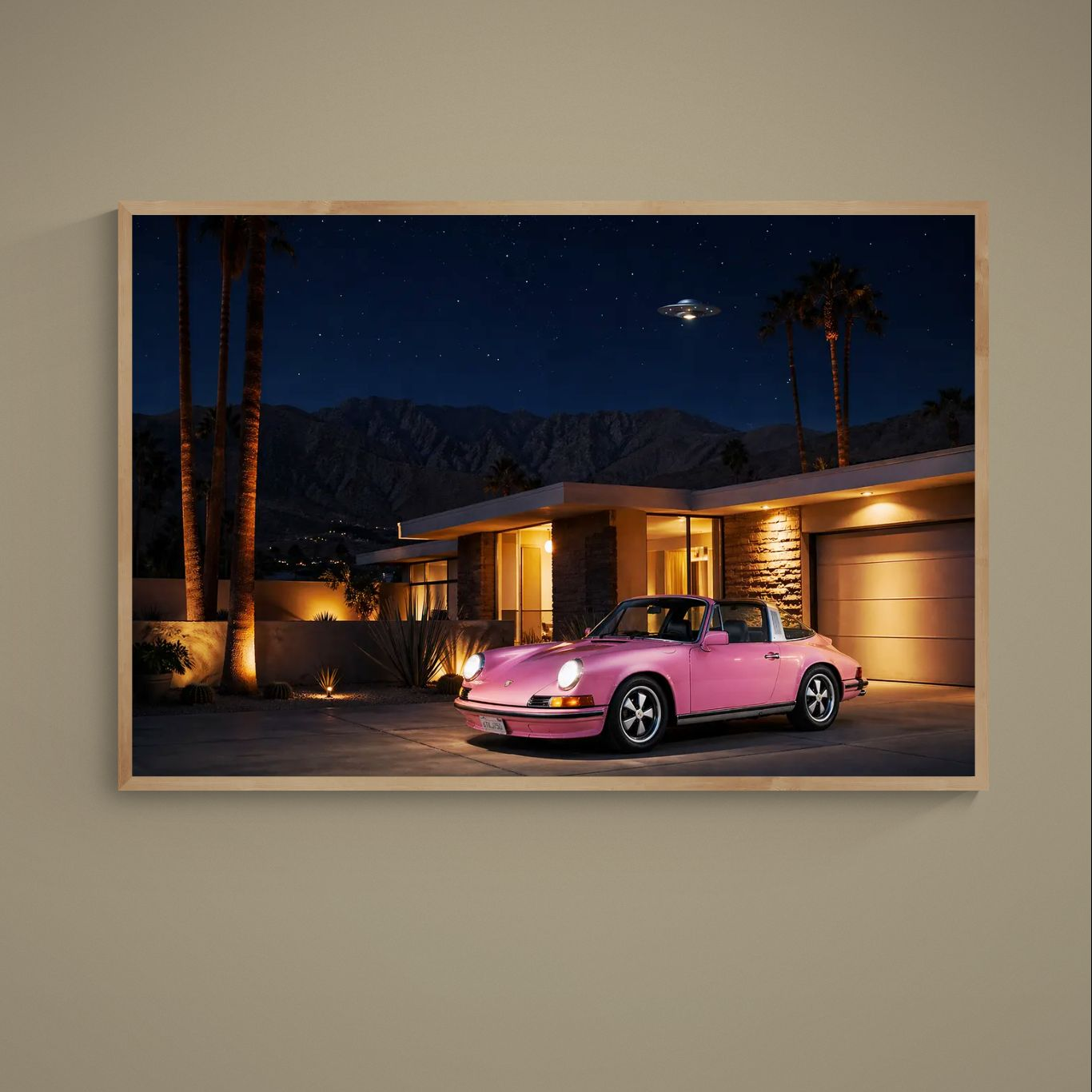 Pink sports car matte paper poster of a vintage Porsche in mid-century Palm Springs at night, desert palms and UFO, unframed