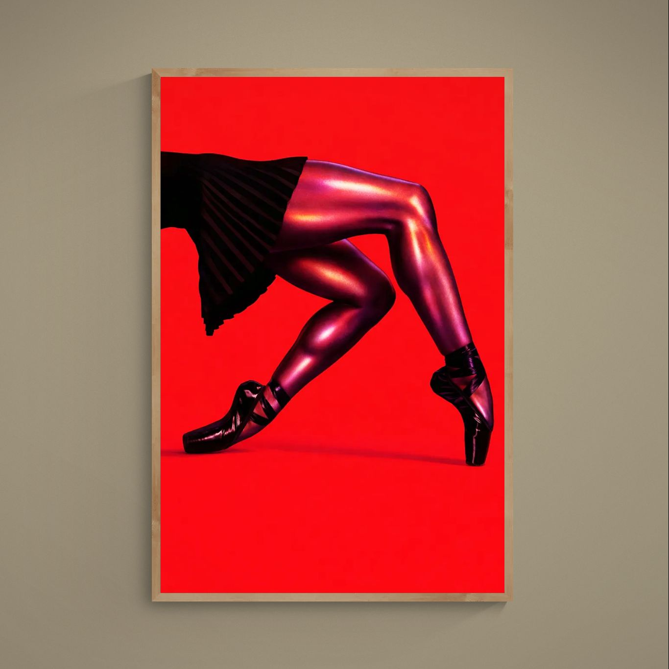 Photorealistic dancer legs en pointe in black satin shoes against a vivid red background