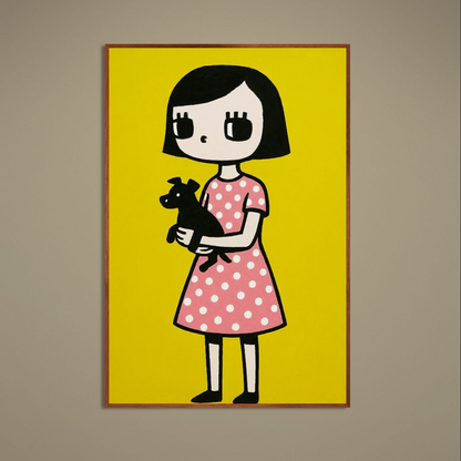 Wide-eyed girl in pink polka-dot dress holding small black dog on mustard-yellow matte poster