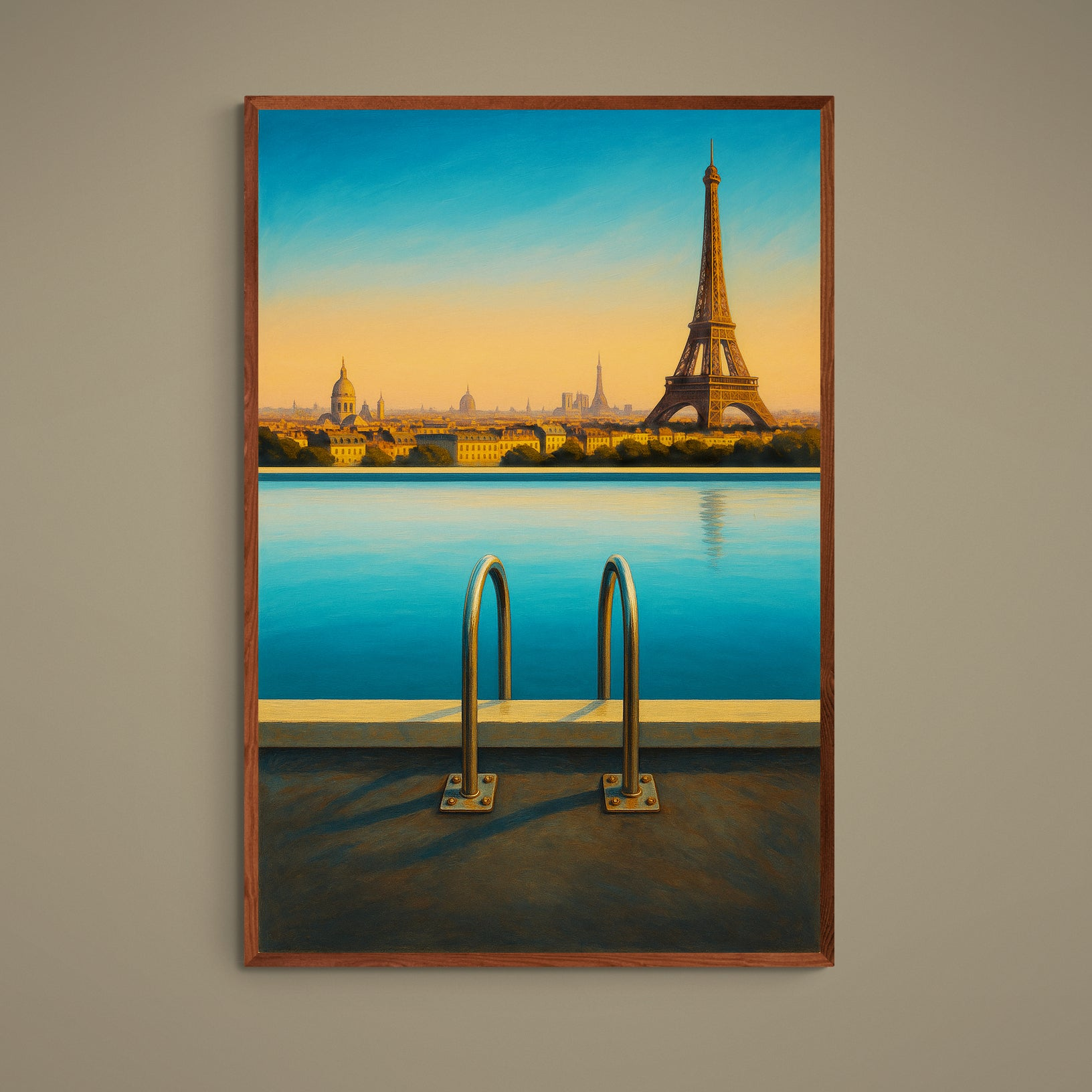 Turquoise pool ladder foreground with Eiffel Tower and Paris skyline at gold sunset