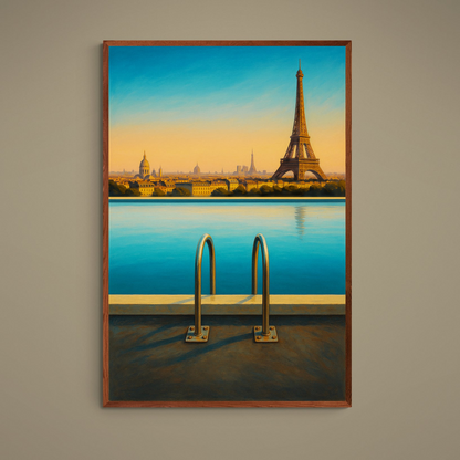 Turquoise pool ladder foreground with Eiffel Tower and Paris skyline at gold sunset