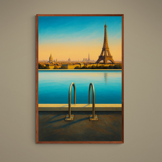 Turquoise pool ladder foreground with Eiffel Tower and Paris skyline at gold sunset