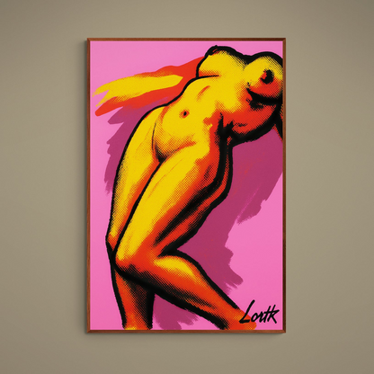 Pop art poster of yellow-orange nude figure with black halftone outlines on hot pink background