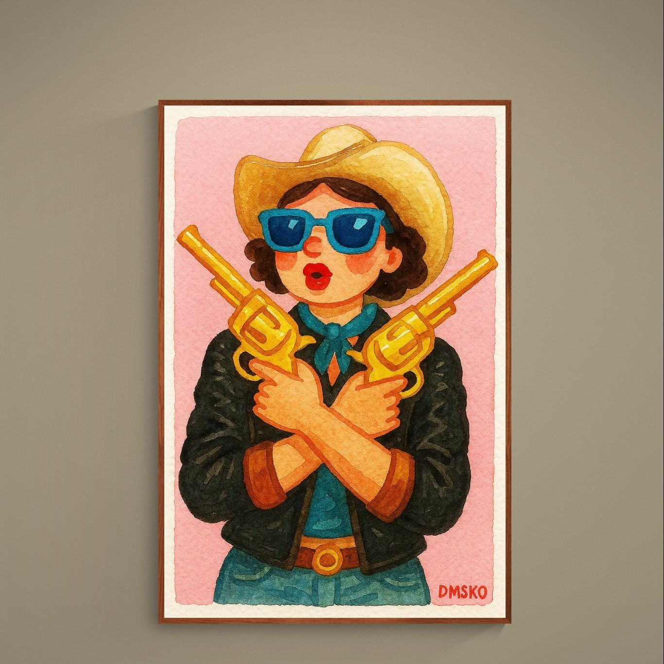 Retro-pop cowgirl poster with turquoise sunglasses, gold pistols, and pink watercolor background