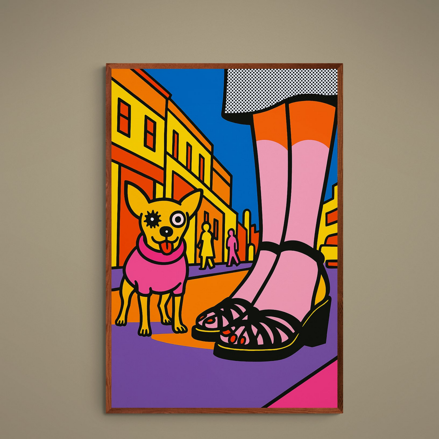 Pop art chihuahua poster with pink stockings, strappy sandal, city background and bold halftone colors