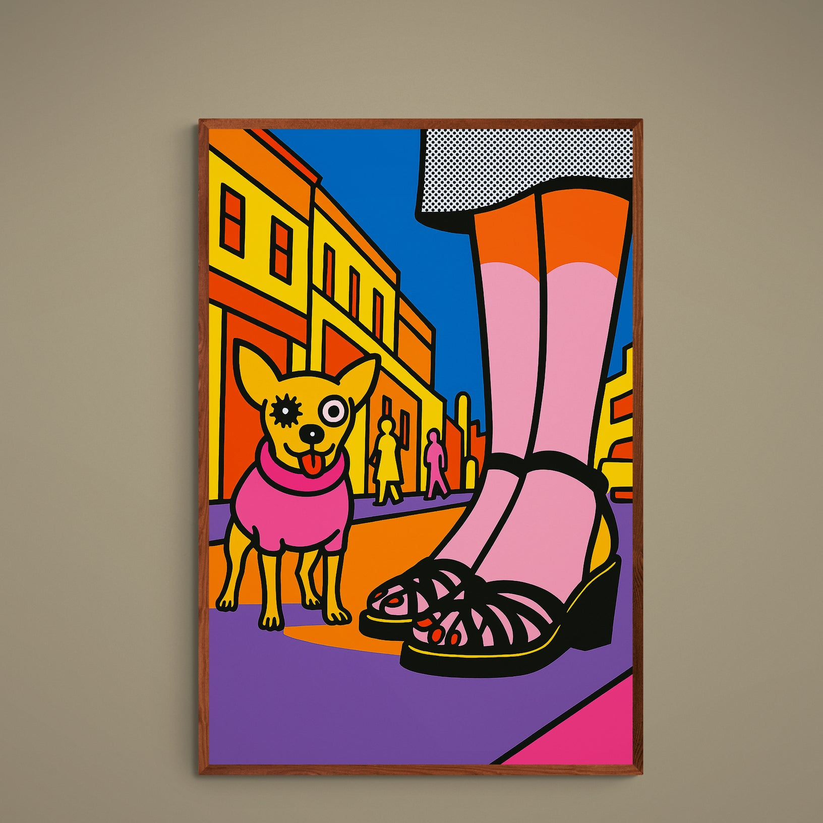 Pop art chihuahua poster with pink stockings, strappy sandal, city background and bold halftone colors