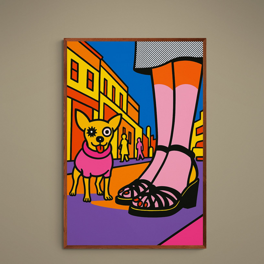 Pop art chihuahua poster with pink stockings, strappy sandal, city background and bold halftone colors