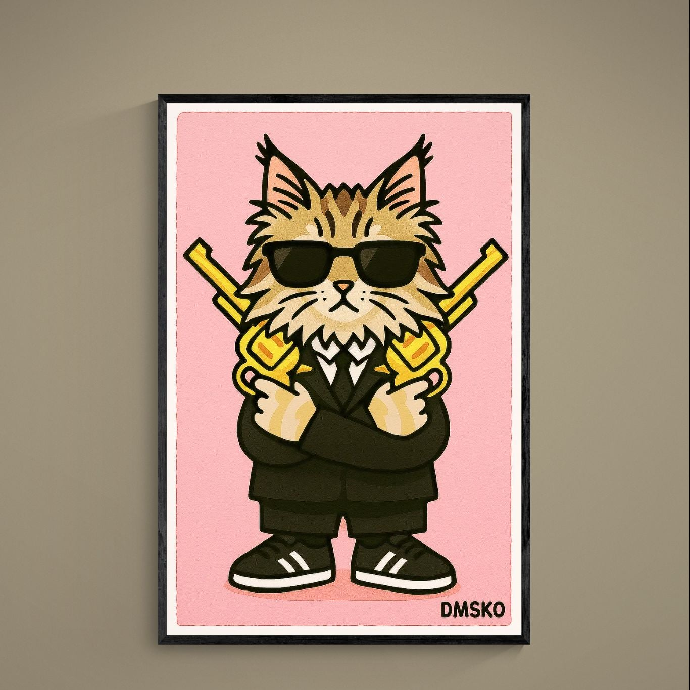 Pop art cat in black suit and sunglasses holding crossed gold pistols on pink poster