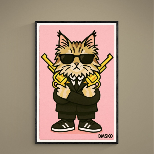 Pop art cat in black suit and sunglasses holding crossed gold pistols on pink poster