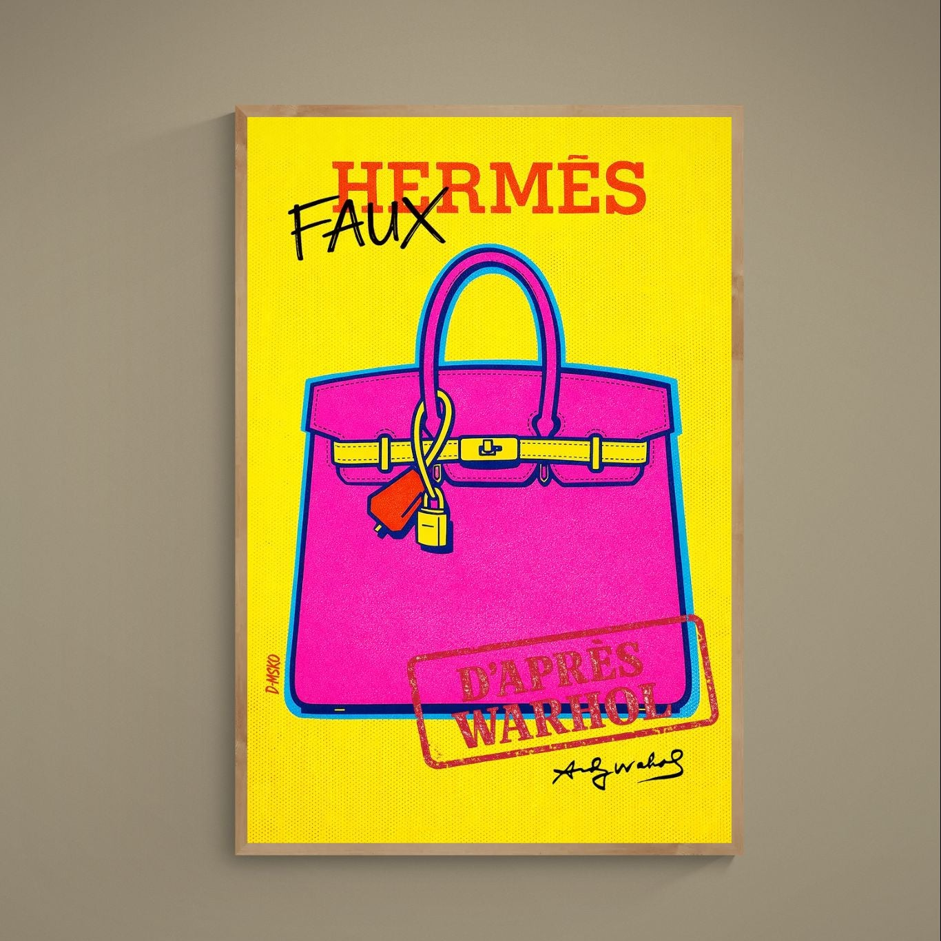 Pop art poster of a pink handbag on yellow halftone background with red HERMÈS text crossed by FAUX