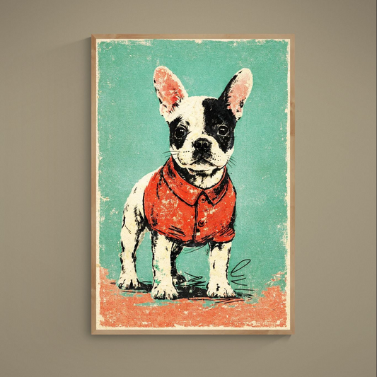 Retro pop art French bulldog in red collared shirt on turquoise distressed matte paper poster